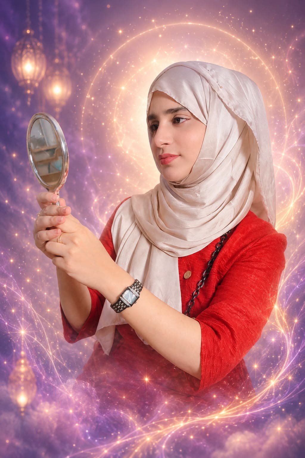 Maham Ajmal looking into a hand mirror surrounded by golden light
