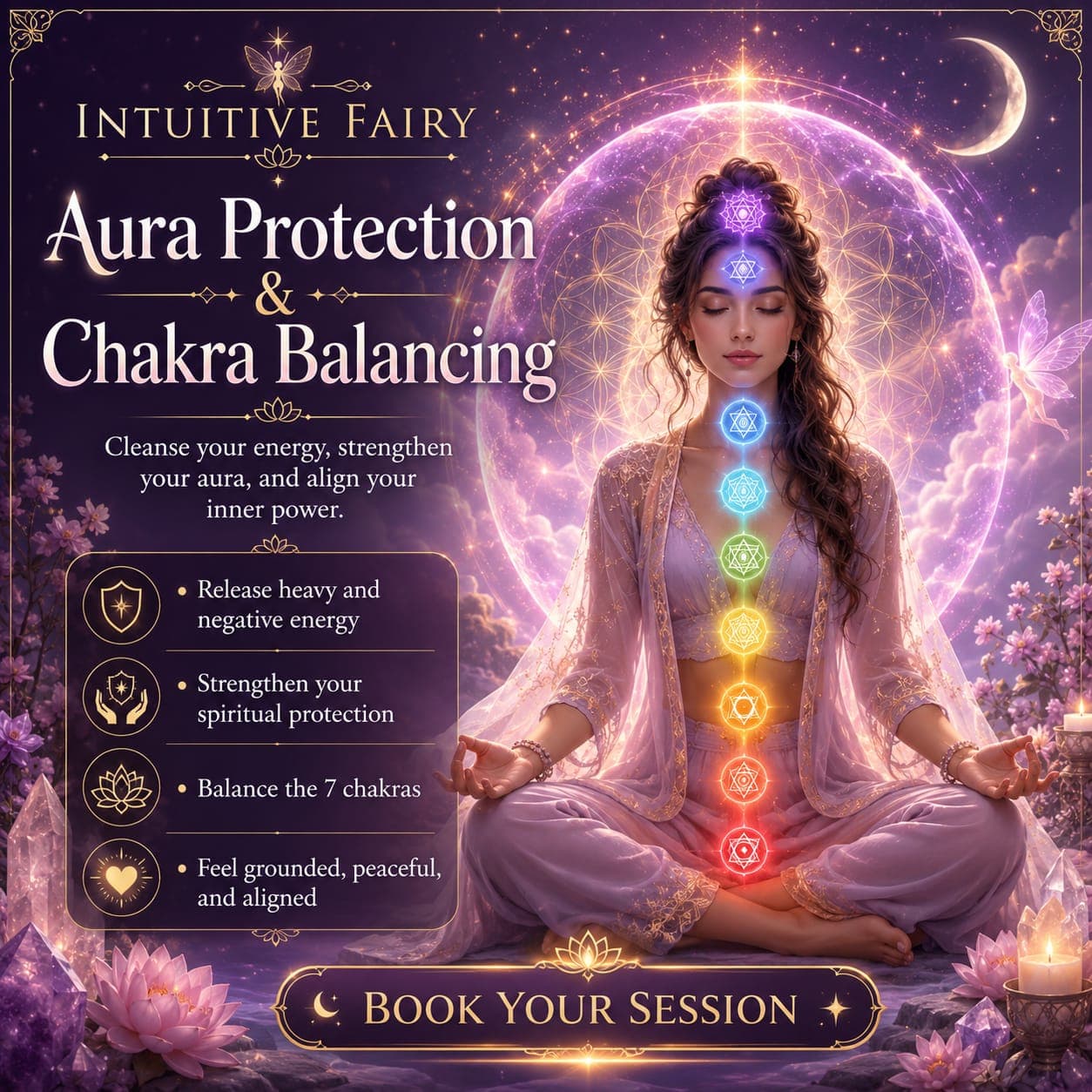 A woman meditating with her seven chakras glowing, surrounded by fairy light