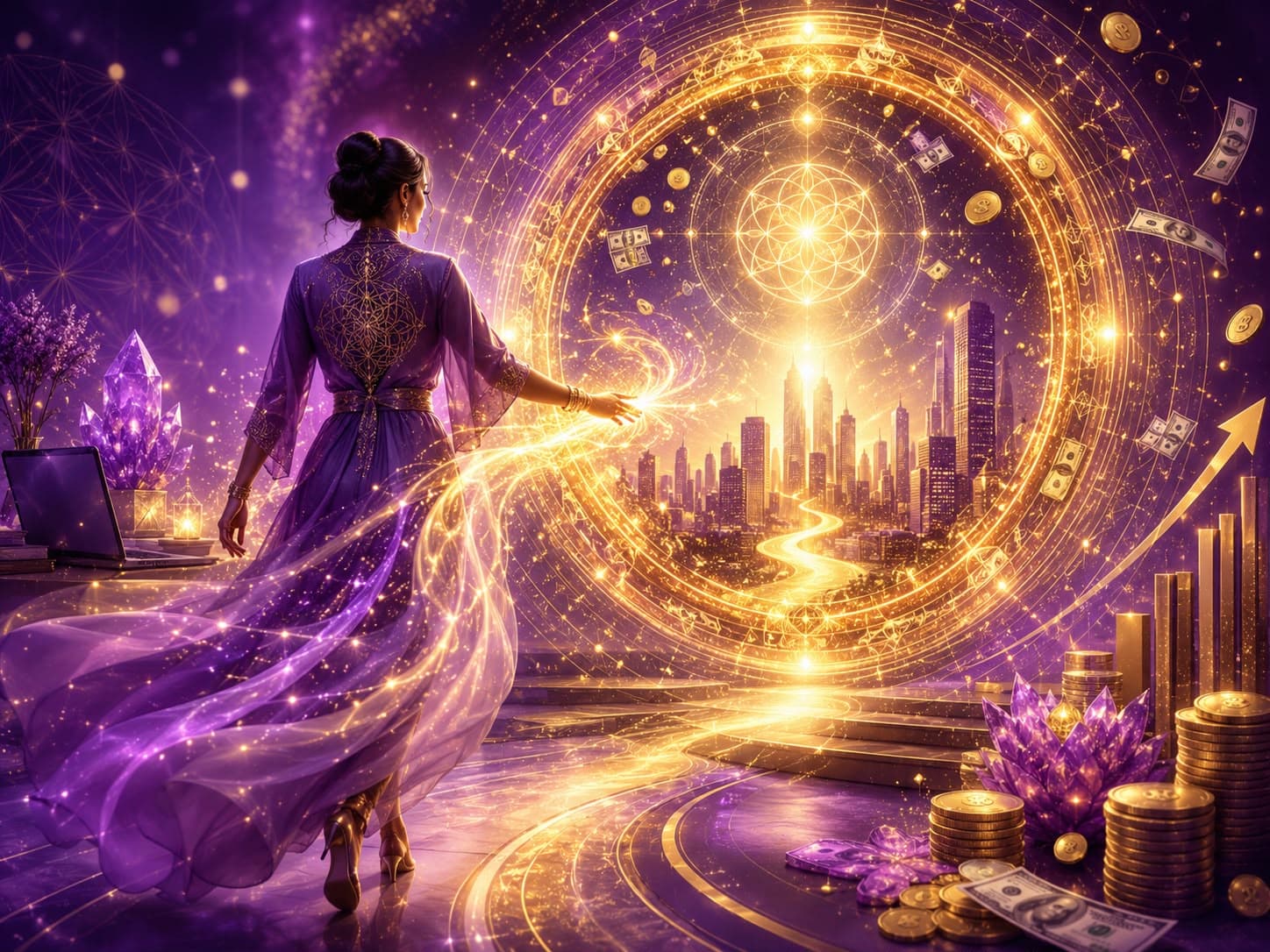 A woman manifesting a golden city of abundance with flowing energy
